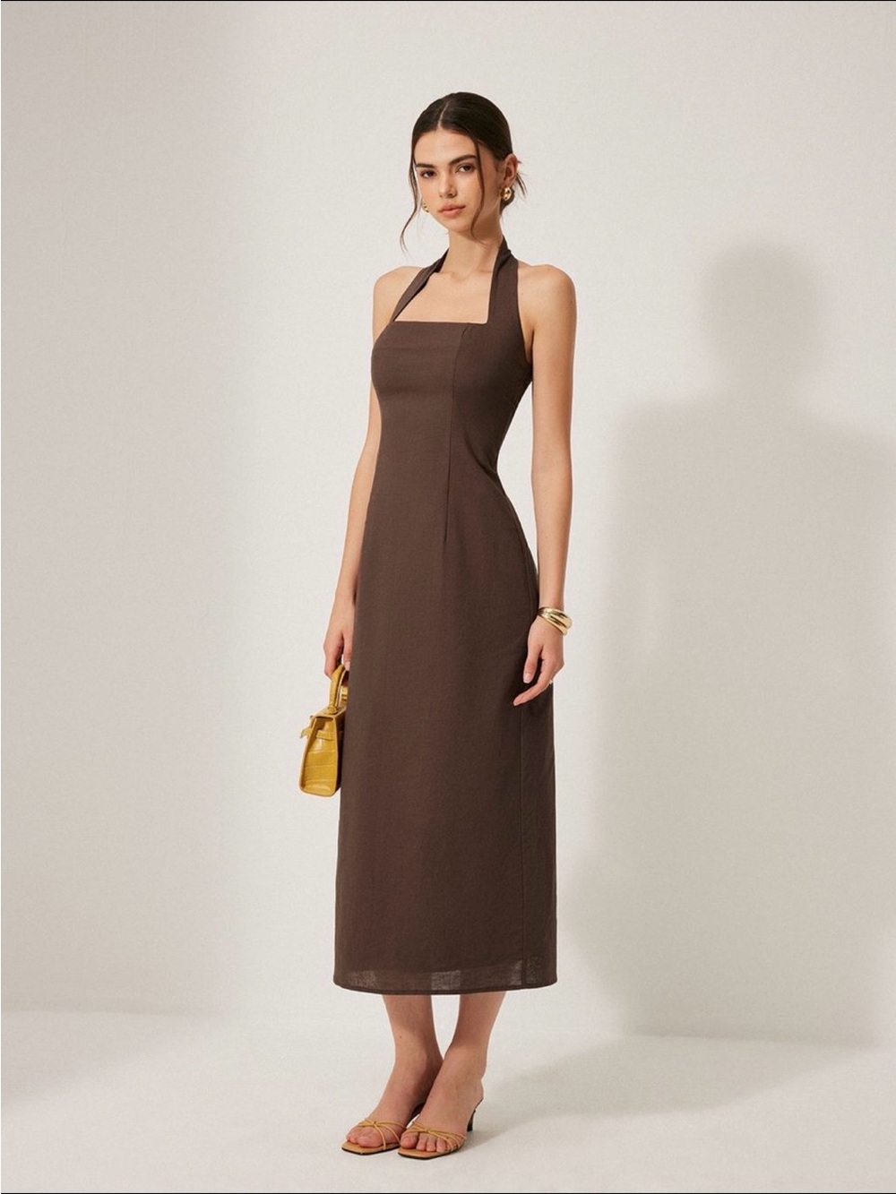 Commense Chocolate Brown Square-Neck Halter Midi Dress